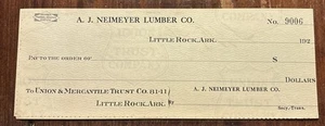 A. J. Niemeyer Lumber Co. Little Rock, Ark. Cheque en blanco - Imagen 1 de 2