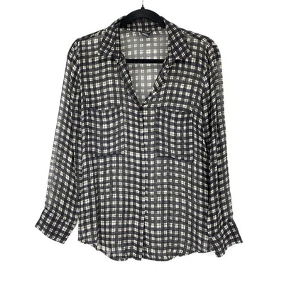 Club Monaco Women's Size S Lightweight Sheer Silk Plaid Button Down Shirt Black - Image 1 of 4