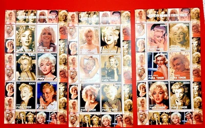 3 folhas de selos lembrança Marilyn Monroe selos de estrelas de cinema 2000 Timor-Leste, sem marca de charneira, gema - Imagem 1 de 4