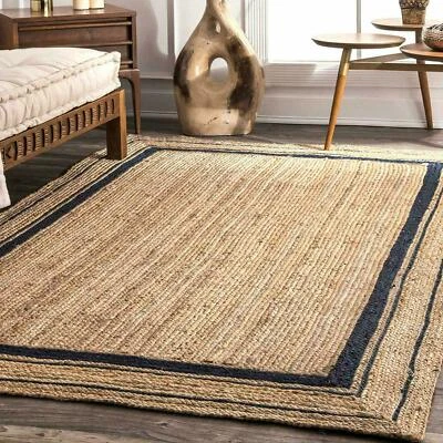 Rug Jute Rectangle Beige with Black Hand Braided Farmhouse Area Rug Rustic Look - Image 1 of 4
