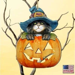 Black Cat Jack-o-lantern Halloween Birch Wood Ornament Made in USA Fall Autumn - Picture 1 of 1