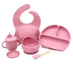 Silikon Babygeschirr Set , BPA Freies Silikon, 5tlg in rosefarben - Bild 1 von 3