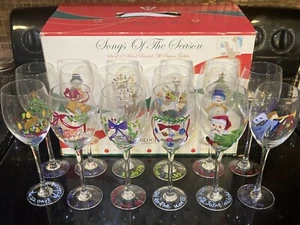 Block Basics Songs Of The Season Hand Painted Wine Goblets Glasses Set 12, w/Box - Picture 1 of 7