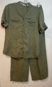 Chico’s Matching Pants Set Womens Sz 4 (Chico's 0) Olive Green 2pc Linen Outfit - Picture 1 of 18