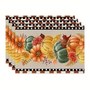 4 Piece Seasonal Pumpkin Floral Design Place Mats Linen Blend Machine Wash Cold - Picture 1 of 5