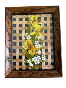 "Único arte de pared vintage enmarcado reverso pintado a mano flores sobre vidrio 14"" X 11""" - Imagen 1 de 8
