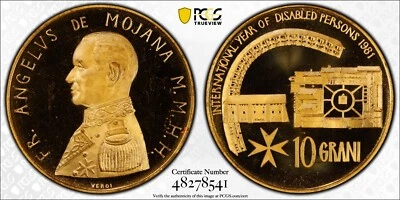 Orden de Malta 1981 10 Grani Proof Año de Personas con Discapacidad PCGS PR 67 DCAM Foto 1 de 3