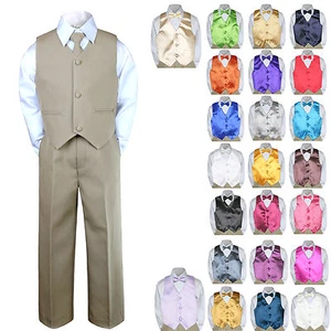 6pc Khaki Formal Baby Boy Toddler Vest Tie Suit + Color Vest Bowtie Selection - Picture 1 of 24
