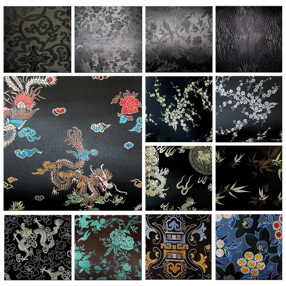 Faux Silk Brocade (Black Background) Jacquard Damask Kimono Fabric Material BL24 - Image 1 of 4