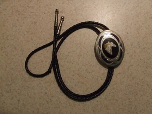 WESTERN HORSE HEAD BOLO TIE WITH TURQUISE AND BLACK INLAYS - Picture 1 of 2