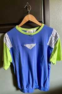 80s 90s American Sportif Shirt Large Short Sleeve Blue Green Retro Hipster Cool - Picture 1 of 5