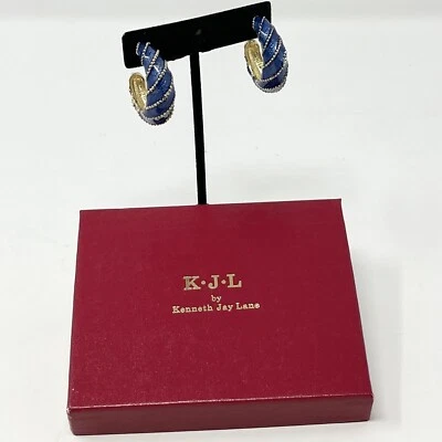 Kenneth Jay Lane KJL Candy Blue Enamel Hoop Earrings Rhinestones Twist VTG Gold - Image 1 of 4