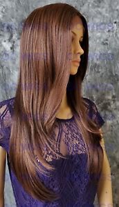 Long Straight Heat OK Lace Front Human Hair Blend Wig Brown/Blonde/Auburn EVFQ