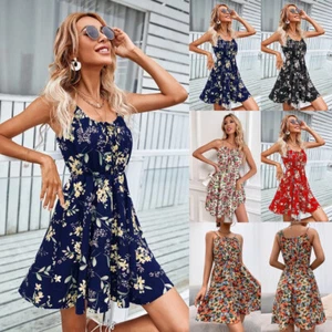 Women Holiday Floral Strappy Swing Dress Summer Mini Boho Beach Sun Dresses@SIZE - Picture 1 of 27