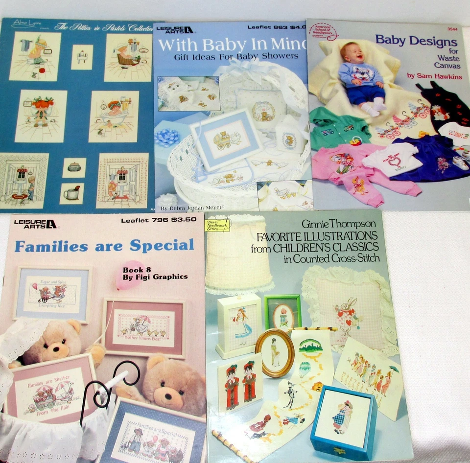 Lot 6 Vintage Cross Stitch Pattern Booklets Potties Bathroom Baby Families Ginni - Image 1 of 1
