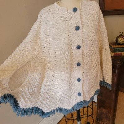 Vintage Crochet White knit Blue Fringe Cape Cover Up M L - Image 1 of 4