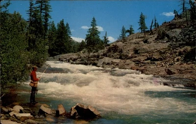 Man Fishing rushing river creel fishing pole red flannel shirt vintage postcard - Image 1 of 2