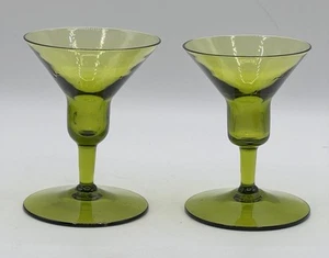 2 Vintage Morgantown Bleikristall Glas Kegel Kerzenhalter Avocado Grün 4,5" - Bild 1 von 5