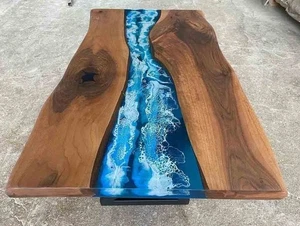 Handcrafted Blue Epoxy Resin Dining Table – Acacia Wood Modern River Furniture - Picture 1 of 13