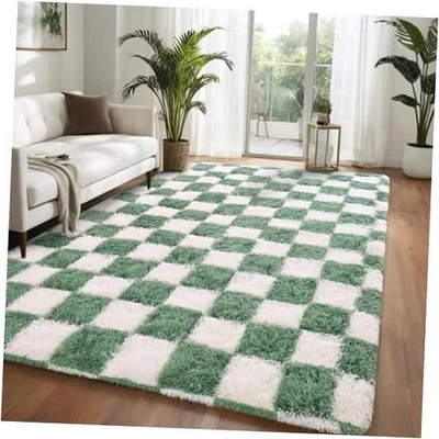 Alfombra a Cuadros Nuttumico 4x6 Pies Verde Salvia Blanco, Alfombra Esponjosa a Cuadros para  Foto 1 de 4