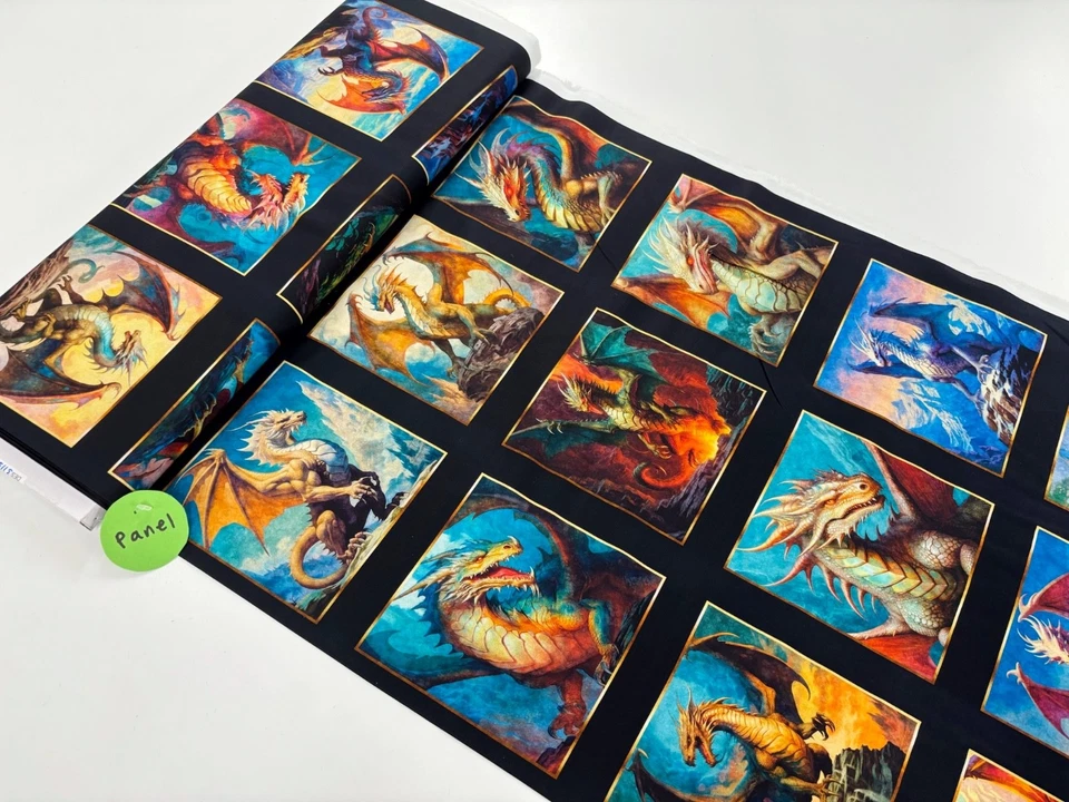 MORRIS CREATIVE GROUP Dragon's Song Panel Cotton Fabric Squares Blocks Mythical Creature Wyvern