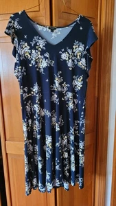 Ann Taylor Sommerkleid Damen XL dunkelblau Blumen Flatterärmel V-Ausschnitt Stretch - Bild 1 von 5