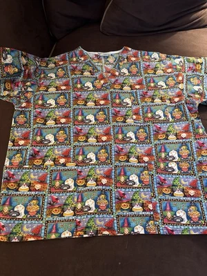 EUC Cute Fall Halloween Scarecrows Ghosts Black Cats Witches Scrub Top Size Xl - Image 1 of 4