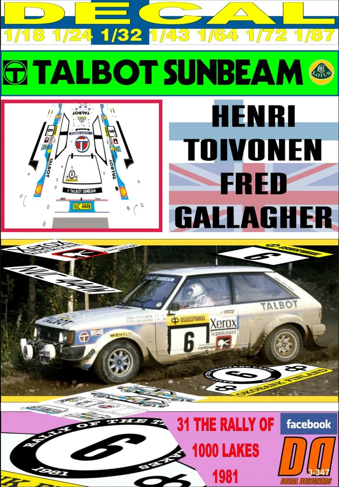 DECAL TALBOT SUNBEAM LOTUS HENRI TOIVONEN 1000 LAKES RALLY 1981 DnF (04) - Immagine 1 di 1