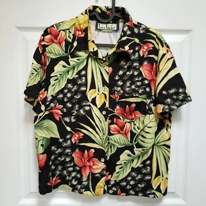 Loco Lindo Womens Black Floral Aloha Boyfriend Camp Button Up Shirt Womens S - Picture 1 of 6