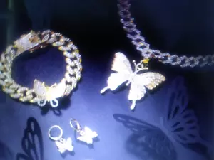 14K  YELLOW GOLD CLAD BUTTERFLY LCS DIAMOND CHAIN NECKLACE  BRACELET + BONUS - Picture 1 of 10