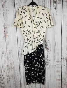 Vintage 70s Malcolm Starr Silk Peplum Dress Sz Medium Black Cream Flutter Sleeve - Picture 1 of 7