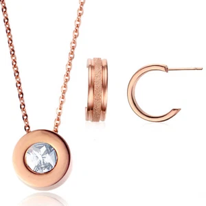 EDELSTAHL SCHMUCKSET ROSEGOLD HALSKETTE ZIRKONIA KETTE CREOLEN OHRRINGE COLLIER - Bild 1 von 7