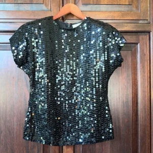 ¡VINTAGE! Destinee años 80 parte superior de lentejuelas negro con hombreras incorporadas! Talla S - Imagen 1 de 5
