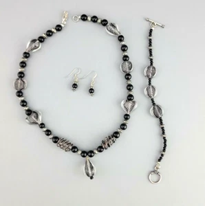Sterling Silver  black n clear Murano Glass Heart earrings bracelet Necklace Set - Bild 1 von 12
