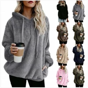 Women Faux Fur Fluffy Hoodie Coat Teddy Bear Hoody Pullover Winter Warm Jacket - Picture 1 of 19