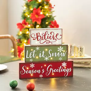 Wooden Block Sign, Christmas Table Decorative Signage, Believe Let It Snow Seaso - Picture 1 of 7