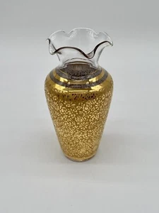Vintage Ransgil Glass Bud Vase 22k Gold Overlay Floral Lotus Ruffled Rim Recency - Picture 1 of 8