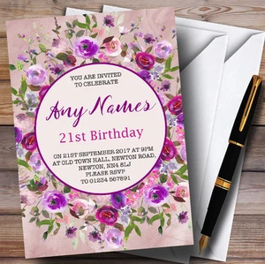 Pink & Purple Watercolour Floral 21st Personalised Birthday Party Invitations - Picture 1 of 1