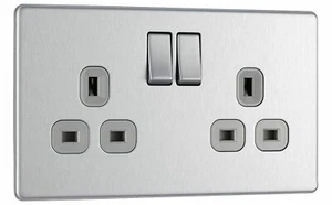 5x BG FBS22G Flatplate Screwless Brushed Steel 13A, 2 gang, grey insert, switch - Picture 1 of 8