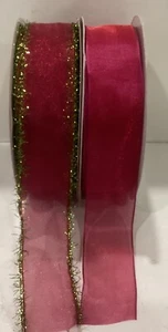 Kirkland Signature Wire Edge Ribbon | Cranberry Sheer W/ Lime Green Accent 95yds - Picture 1 of 3