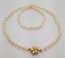 ZALES 18K Yellow Gold 19" Pearl Necklace Diamond Flower Clasp Beautiful