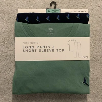M&S Pure Cotton Bird pyjamas Pyjama Set Long Pants & Short Sleeve Top Green XL   - Image 1 of 4