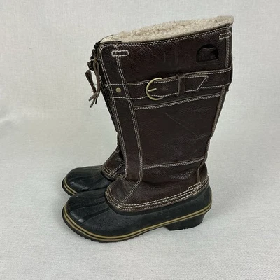 Sorel Fancy Tall NL2021-242 Mujeres EE. UU. 7 Marrón Cuero Cremallera Frontal Invierno Botas Pato Foto 1 de 4
