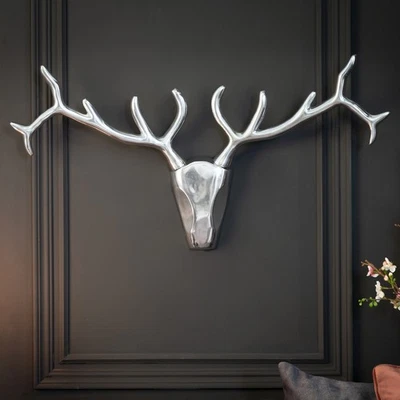Design Wanddekoration VEADO 98cm Silber Metall Hirschgeweih Hirschkopf Geweih - Bild 1 von 4