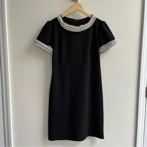 [betsey johnson] pearl embellished tulle short sleeve sheath dress black 2 - Picture 1 of 8