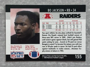"Juego profesional 1990 BO JACKSON Raiders ""Wrong Back"" error raro tarjeta de fútbol americano de la NFL #155 - Imagen 1 de 2