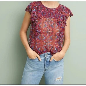 Meadow Rue Anthro Sheer Flutter-Sleeve Popover Blouse Size 10 – Excellent EUC - Picture 1 of 8