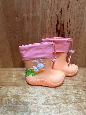 Kids Peach Pink Bunny Rain Boots Waterproof Drawstring Cuff Size 150 (2.0) - Image 1 of 4