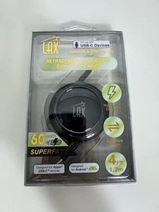 LAX Retractable USB-C Cable 4ft Apple Android High Speed 60W Super Fast Charge - Picture 1 of 7