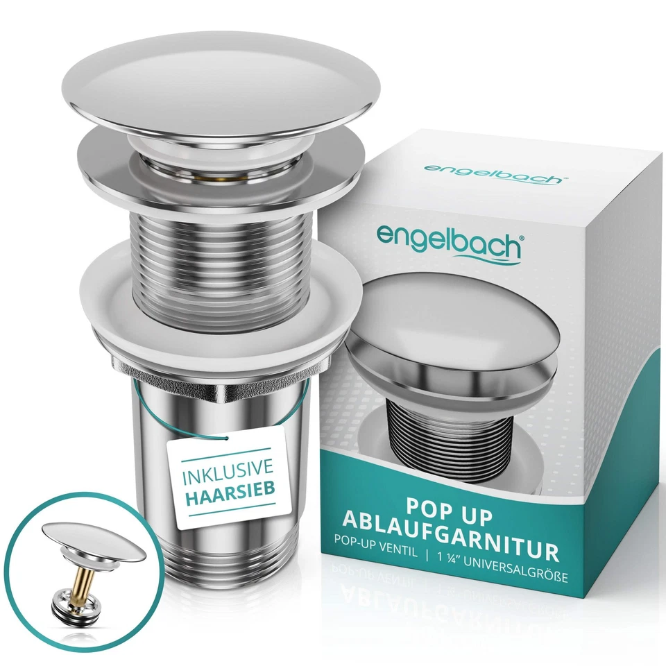 Engelbach Ablaufgarnitur Waschbecken Pop Up Dichtungen Abfluss mit/ohne Überlauf - Bild 1 von 4